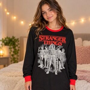 Stranger Things Kids XL 16-18 Black Red Long Sleeve Pajama Shirt Pockets Netflix